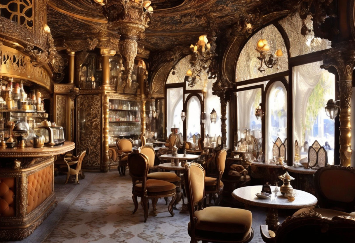 Luxurious Vintage Café with Golden Decor & Chandeliers