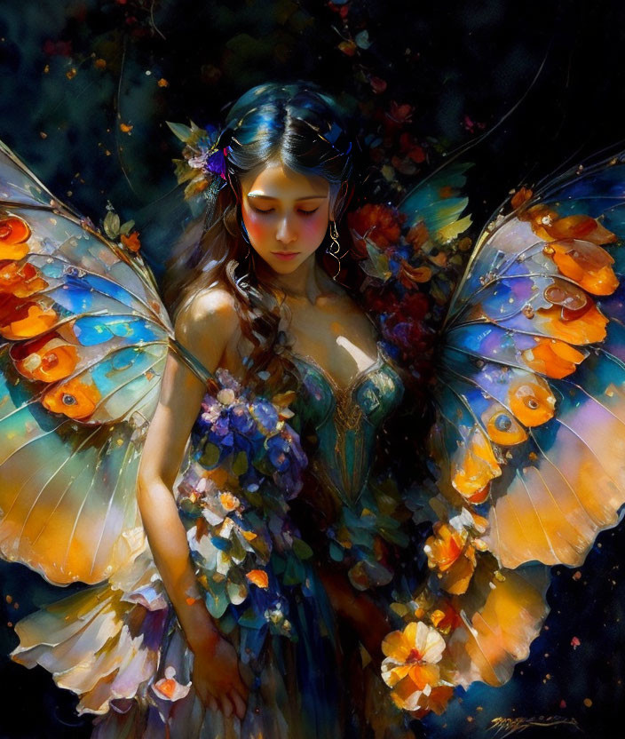 Fantastical image of woman with butterfly wings in dark, floral setting