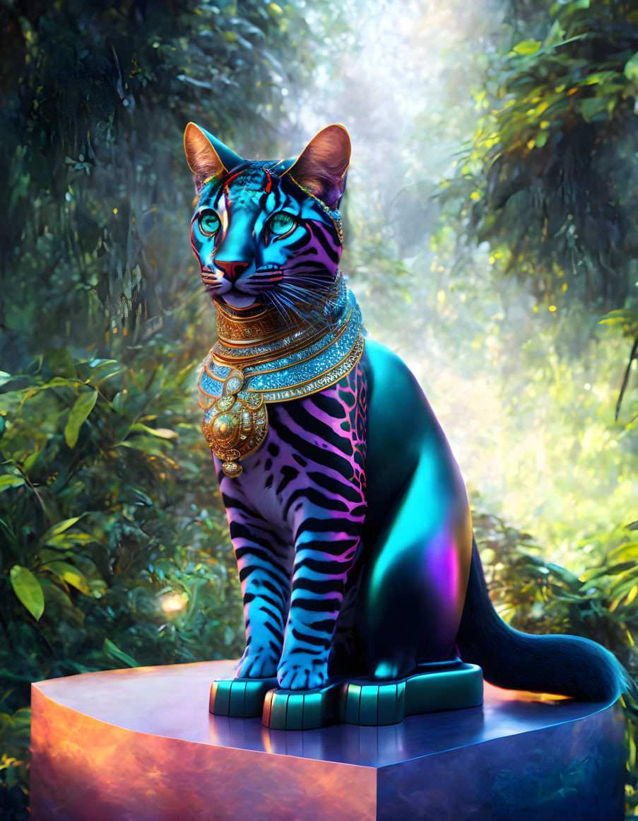 Vibrant blue and pink striped cat with gold necklace in lush jungle portrait