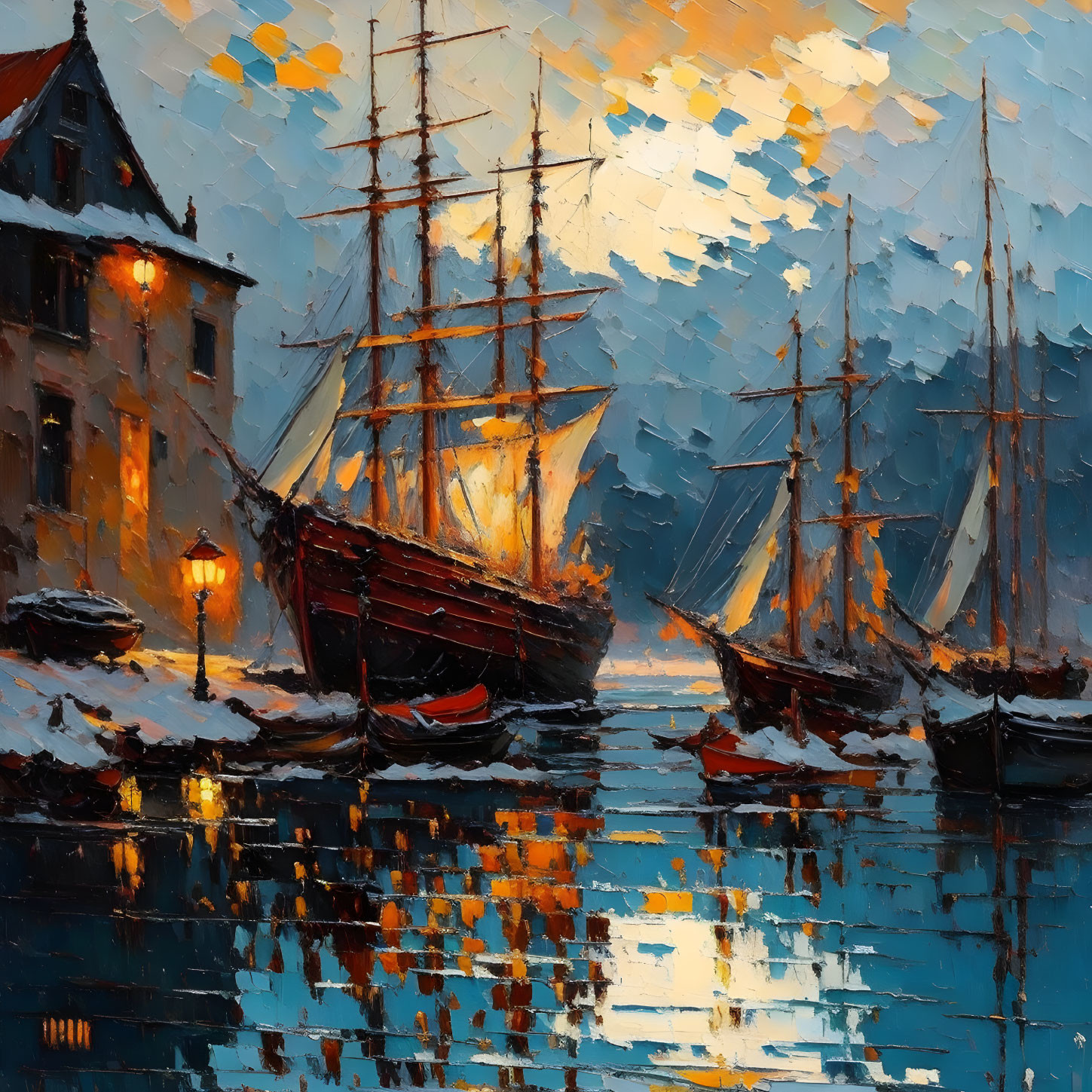 Impressionist painting of tall ships at twilight harbor