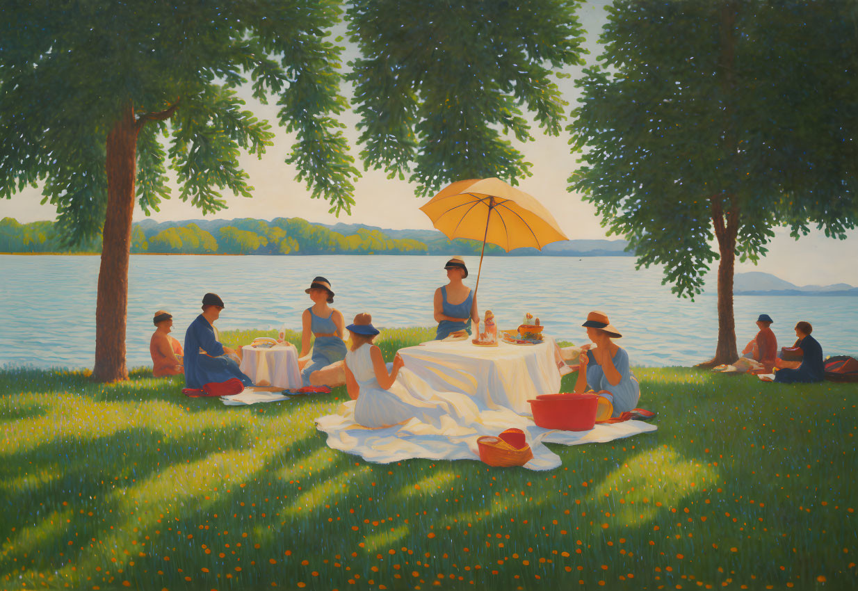 Elegantly dressed group lakeside picnic with yellow umbrella