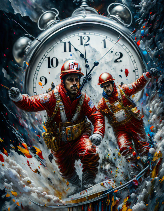 Astronauts in red suits float by giant clock in colorful paint scene