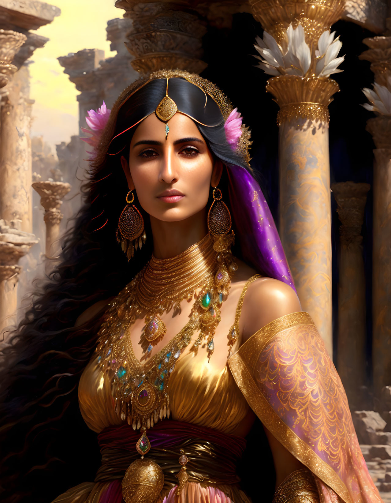 Woman in gold jewelry and purple sari among ancient columns