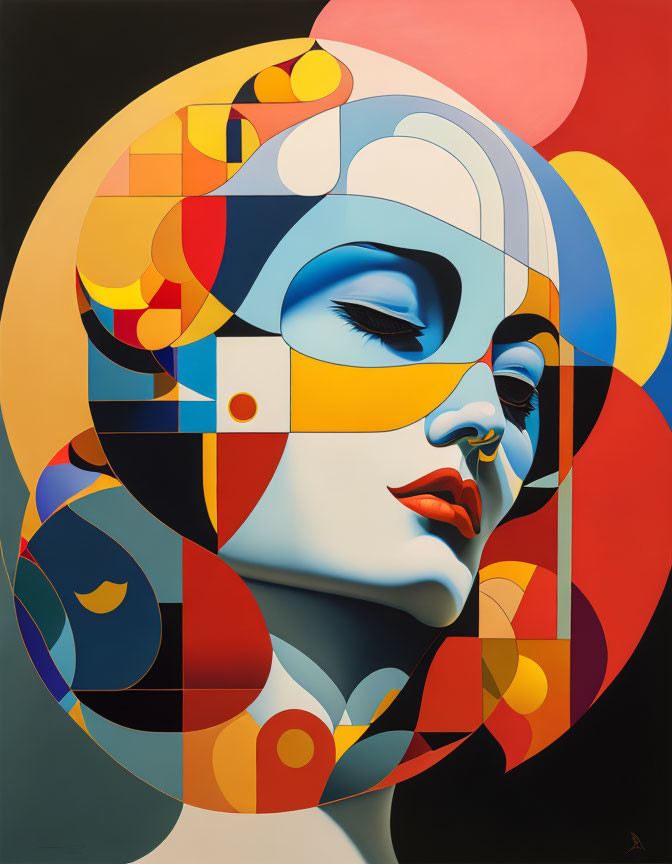 Cubist-style woman's face with geometric patterns and vibrant colors