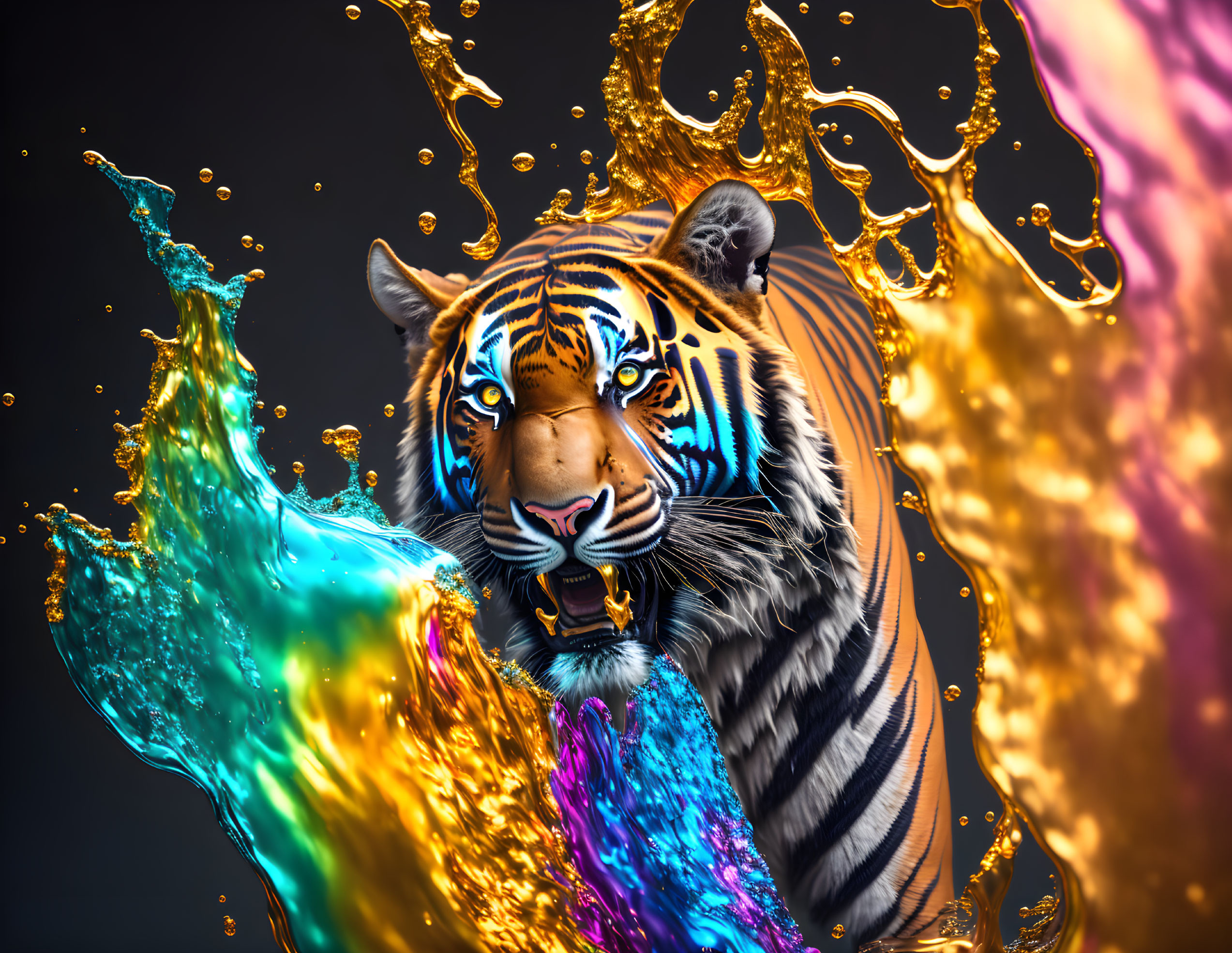 Colorful Tiger Graphic with Liquid Gold, Blue, and Pink Splashes on Dark Background