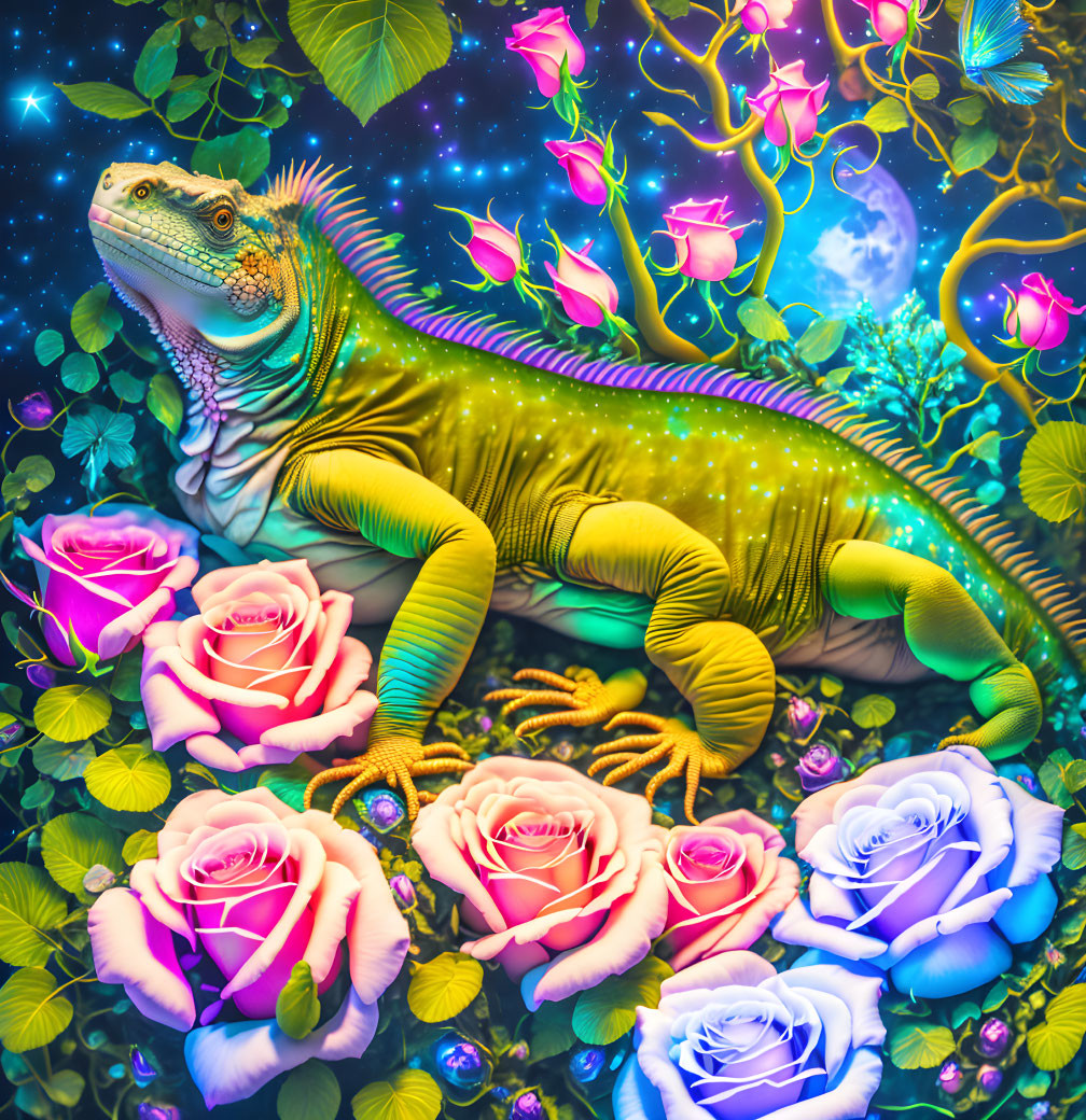 Colorful iguana with pink and blue roses in a starry night setting