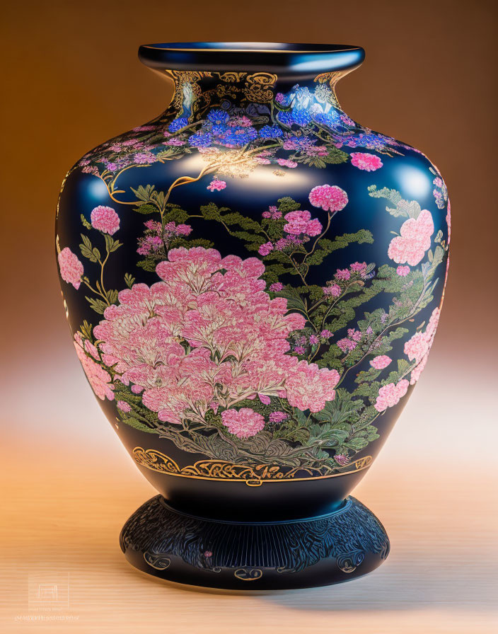 Ornate Cloisonné Vase: Deep Blue with Pink Floral Designs