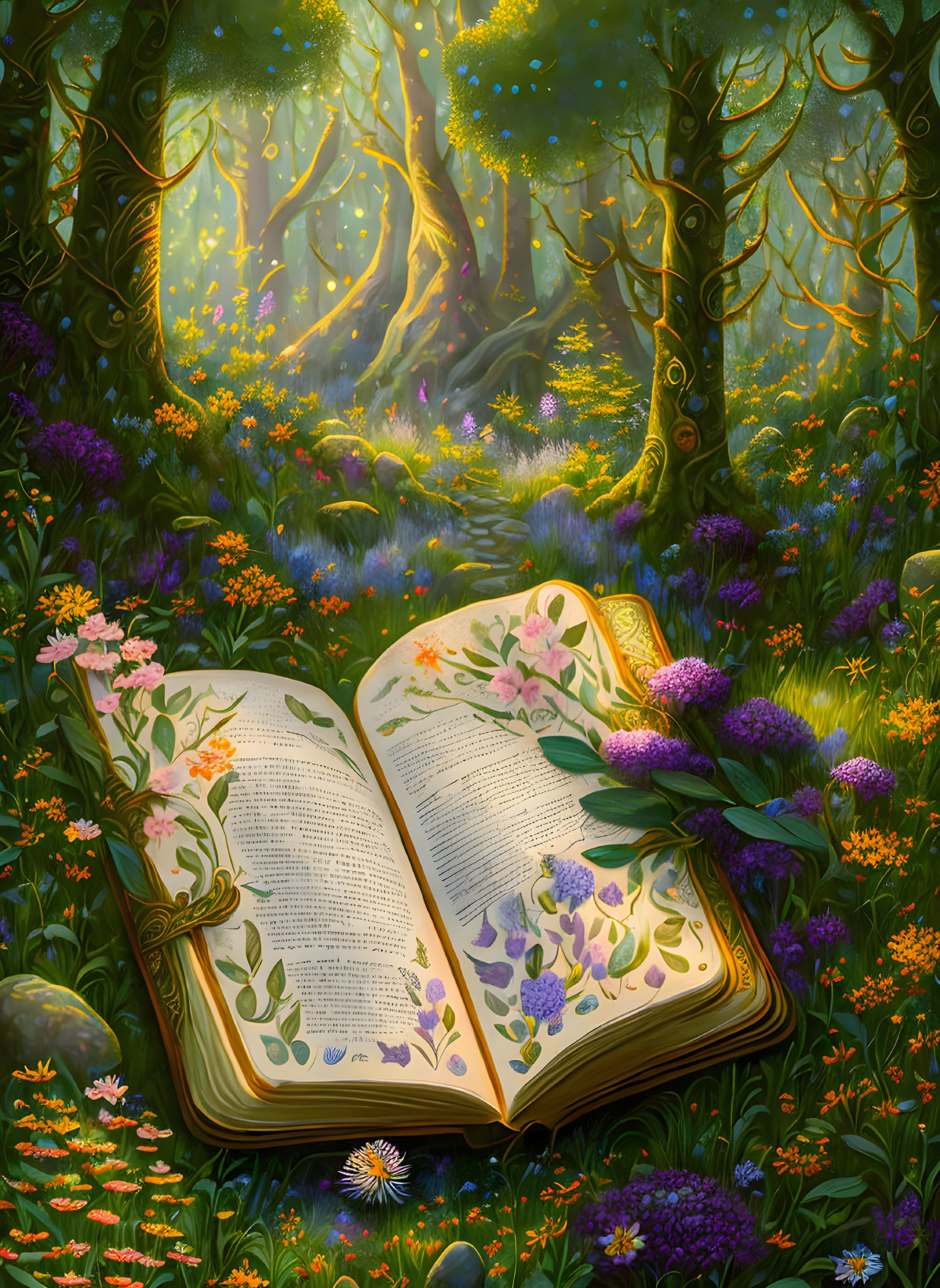 Open book in lush, fairy-tale forest with vibrant flowers and magical lights