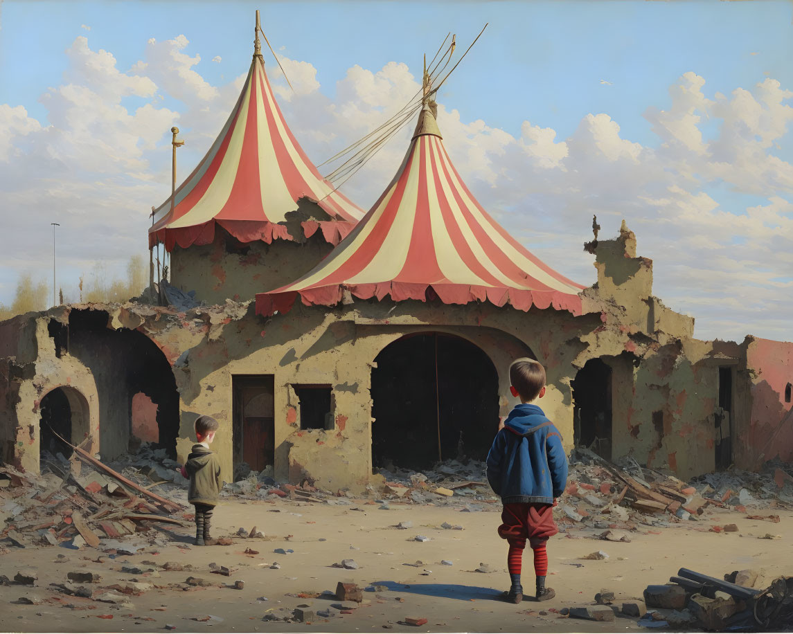 Children observe dilapidated building with vibrant circus tents amidst debris.