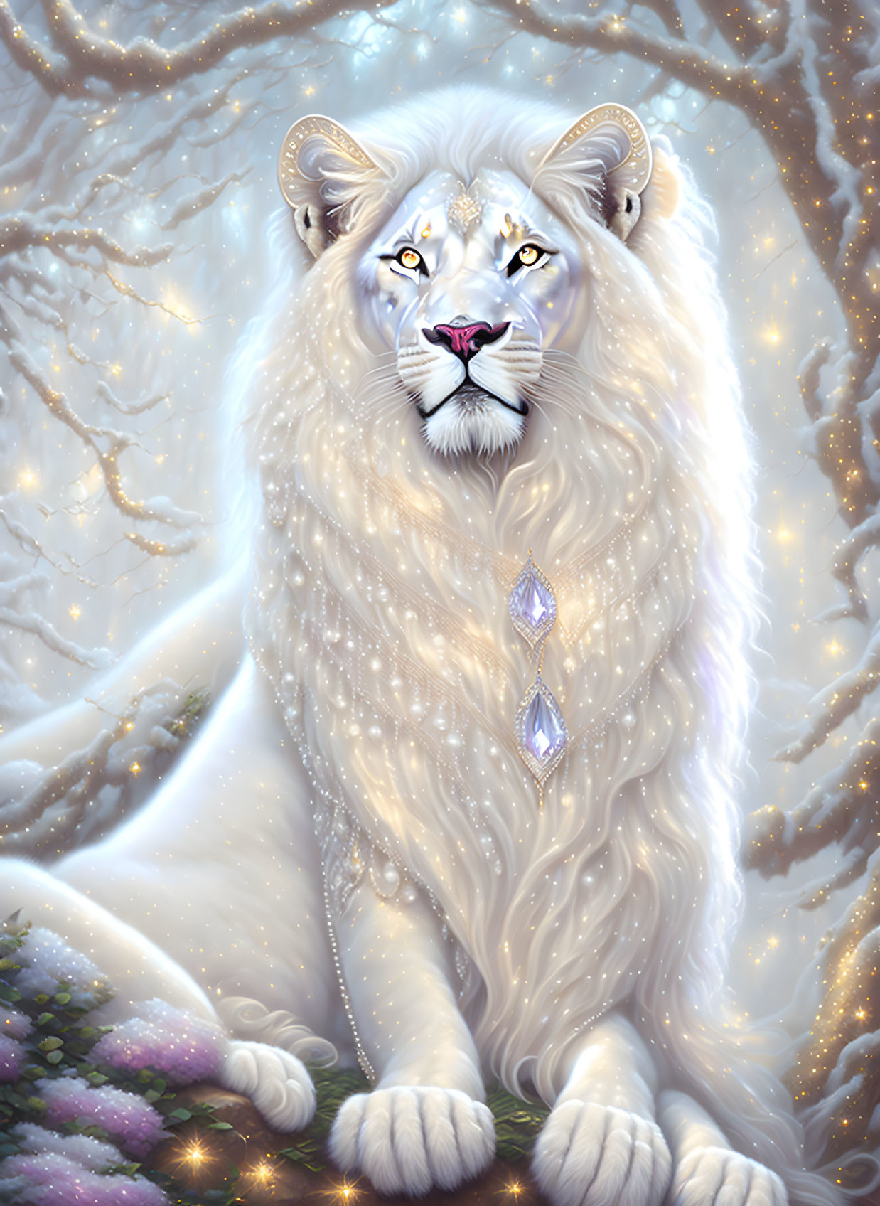 Majestic white lion adorned with jewels in snowy landscape