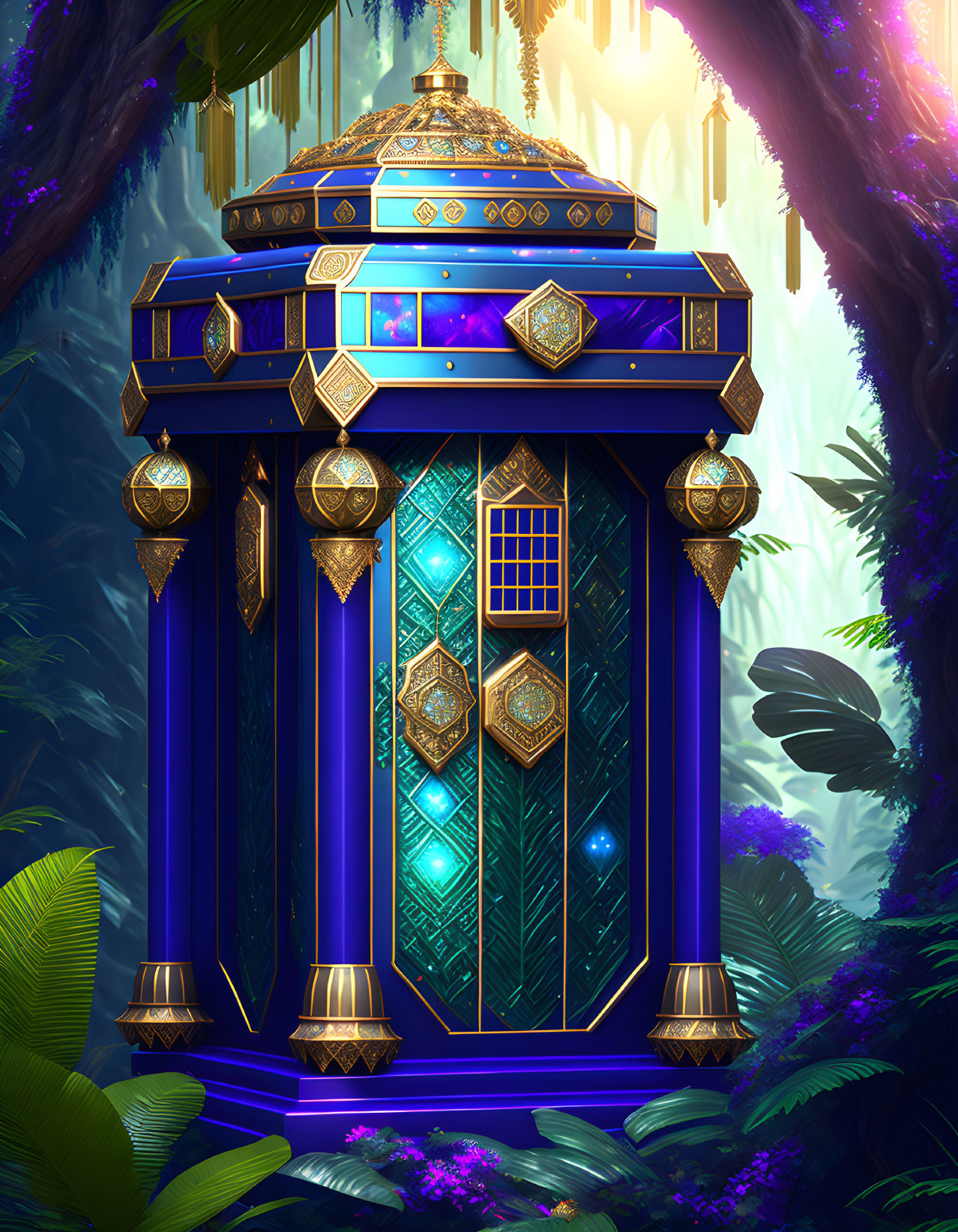 Mystical elevator in lush jungle with blue and gold patterns