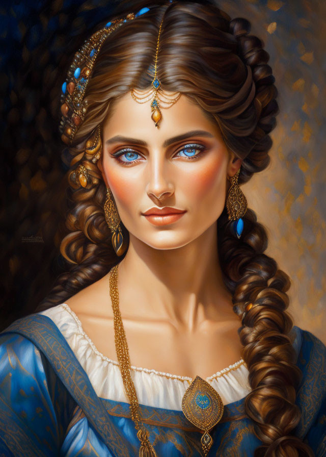 Illustrated portrait of woman with blue eyes, braided brown hair, gold jewelry, blue dress.