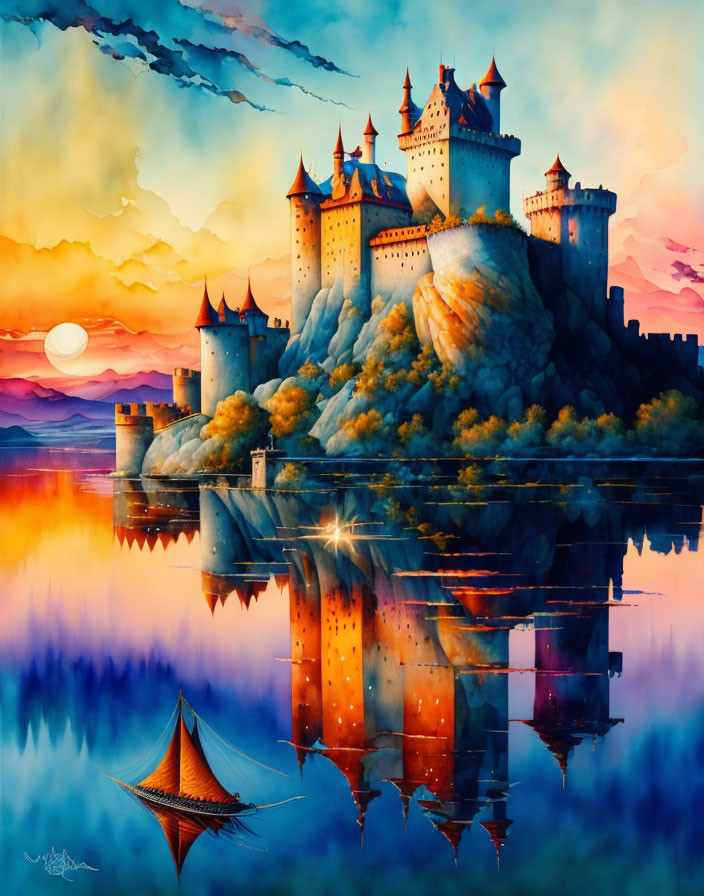 Colorful illustration of castle on rocky island by calm lake at sunset