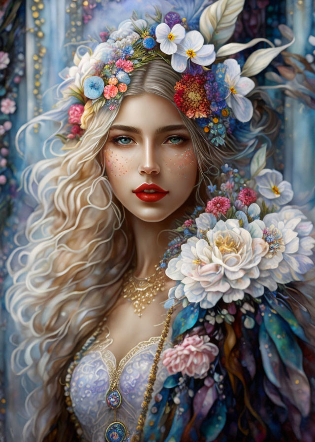 Digital artwork: Woman with floral crown, golden jewelry, blue outfit