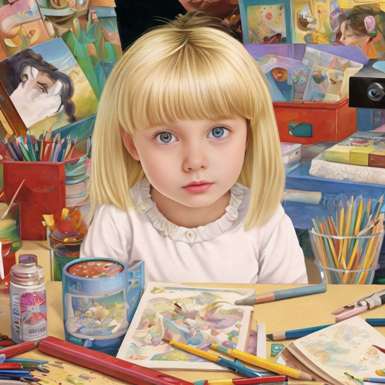 Young Child with Blonde Hair and Blue Eyes Surrounded by Art Supplies and Paintings