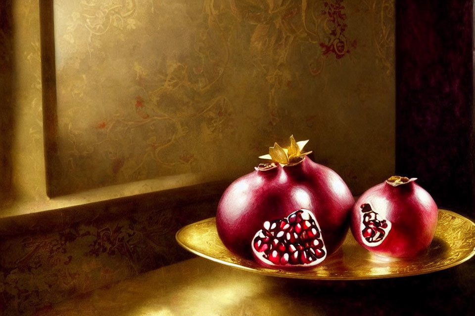 Ripe pomegranates on golden plate against textured background