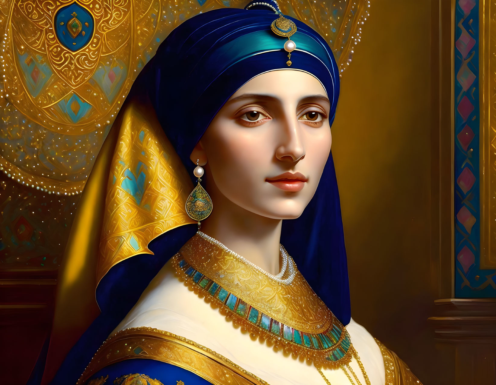 Illustration of woman in royal attire with blue headscarf and gold jewelry