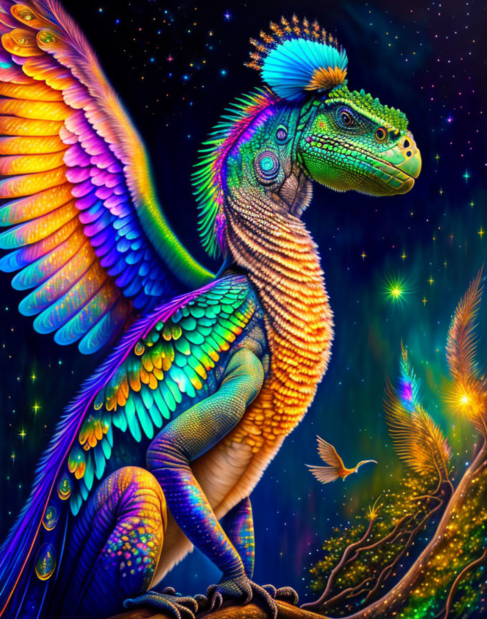 Colorful Mythical Creature with Iridescent Feathers on Starry Night Sky