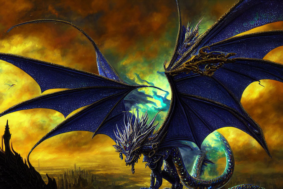 Blue dragon with shimmering wings and ornate decorations against yellow-orange cloudy sky