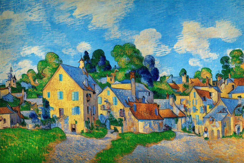 Colorful village scene with yellow houses and cobblestone paths in post-impressionistic style