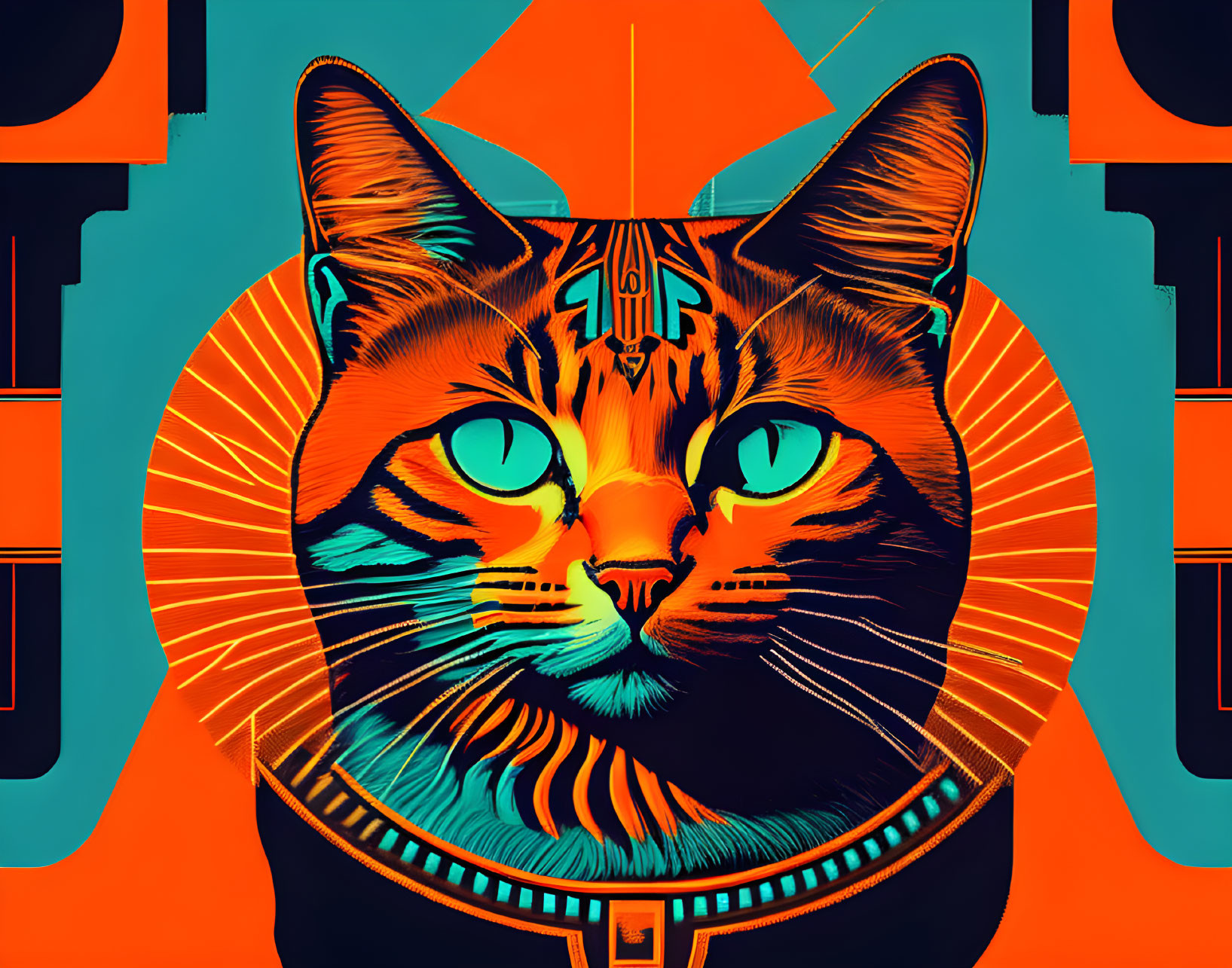 Colorful stylized cat digital artwork with futuristic patterns