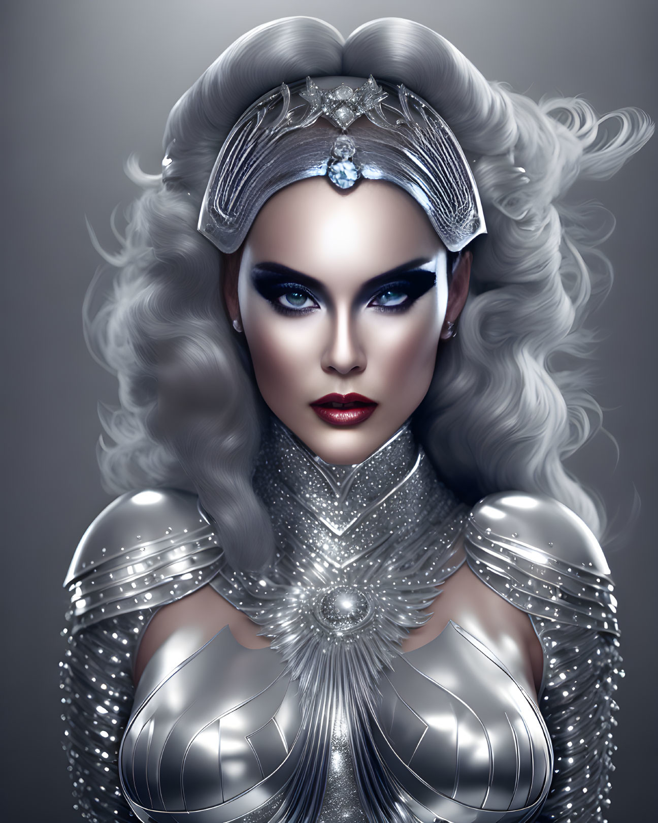 Futuristic digital art portrait of woman with silver hair and armor