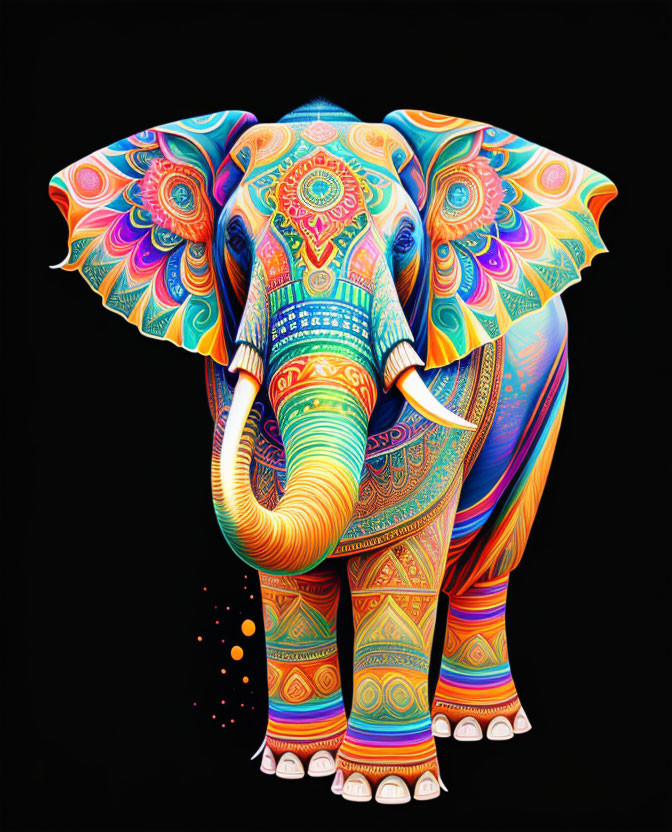 Colorful Elephant Illustration with Psychedelic Patterns on Black Background