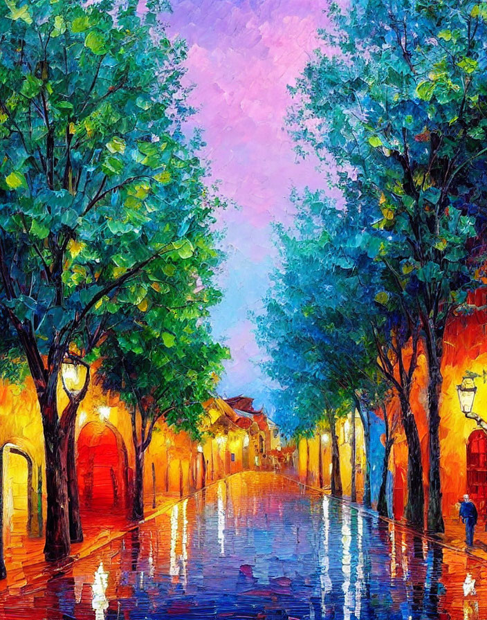 Impressionistic painting of rain-soaked street with colorful streetlights