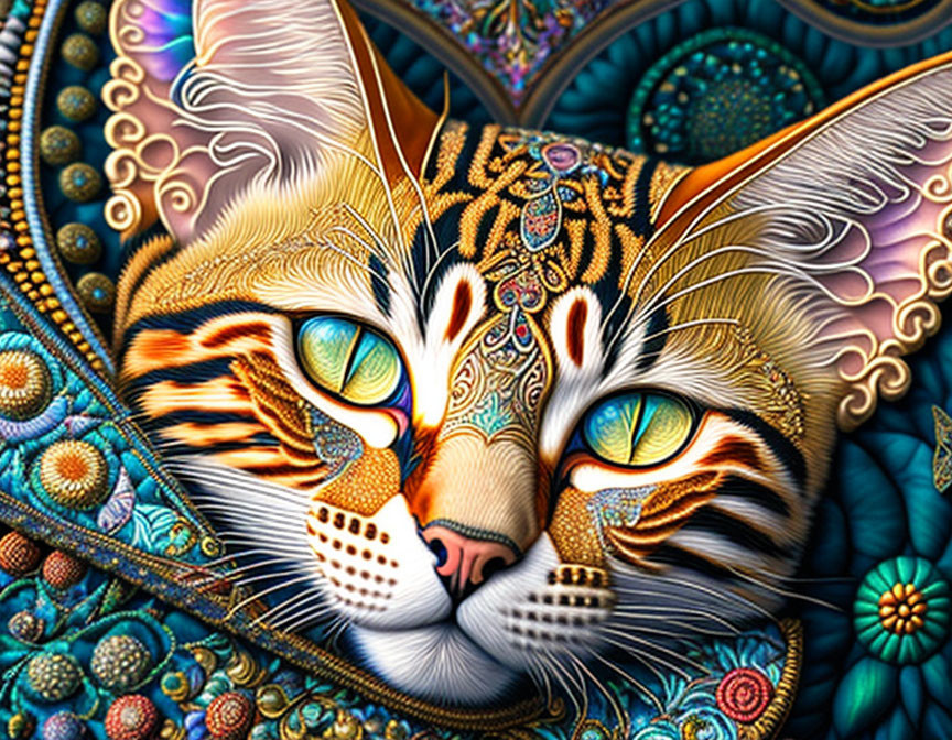 Colorful Cat Face Artwork with Hypnotic Eyes and Intricate Mandala Background