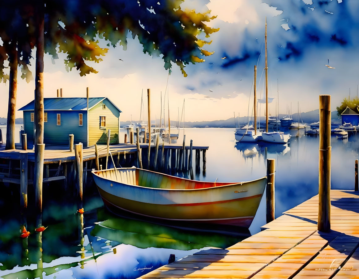 Tranquil dock scene with rowboat, house, and sailboats in misty background