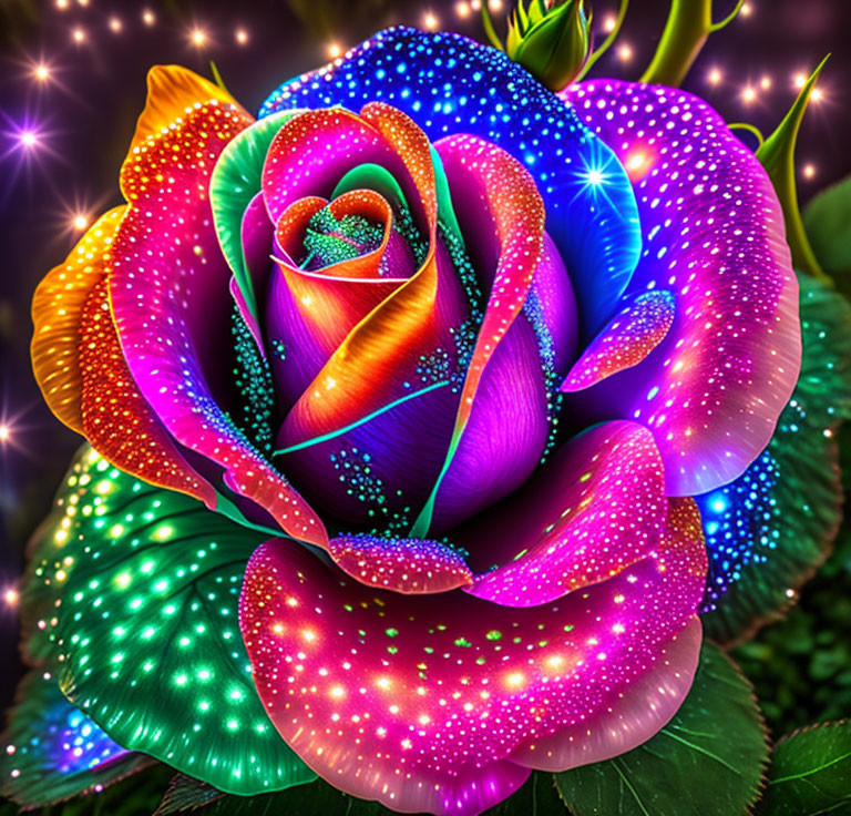 Digitally Enhanced Multi-Colored Rose with Neon Hues on Starry Background