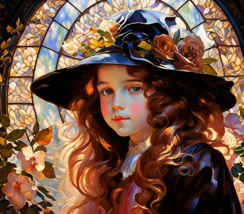 Young girl with curly hair in wide-brimmed hat against floral stained glass.