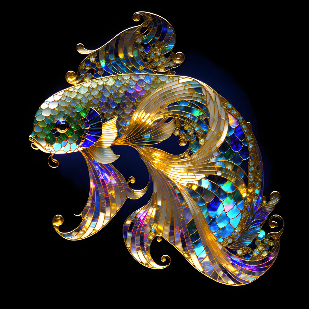 Ornate golden fish with iridescent scales and swirl patterns on black background