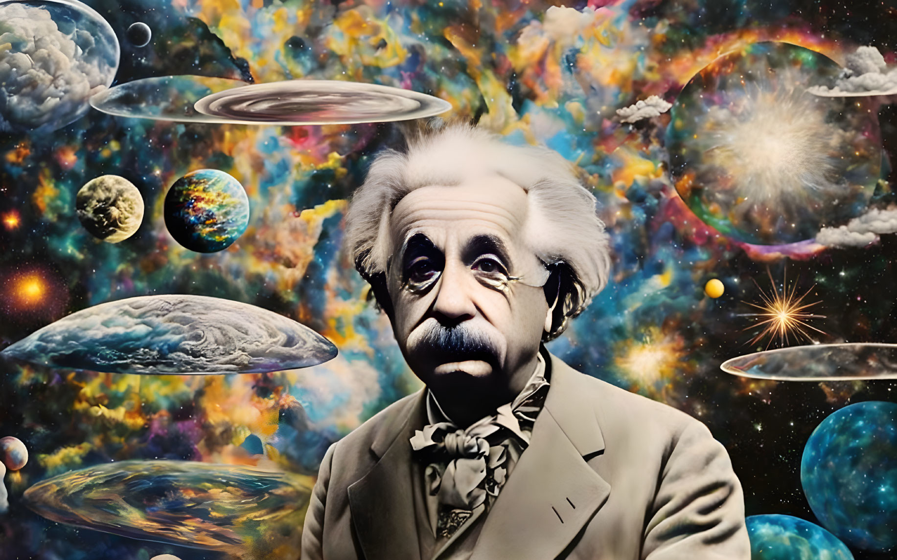 Colorful Surreal Portrait of Einstein Amid Cosmic Galaxies