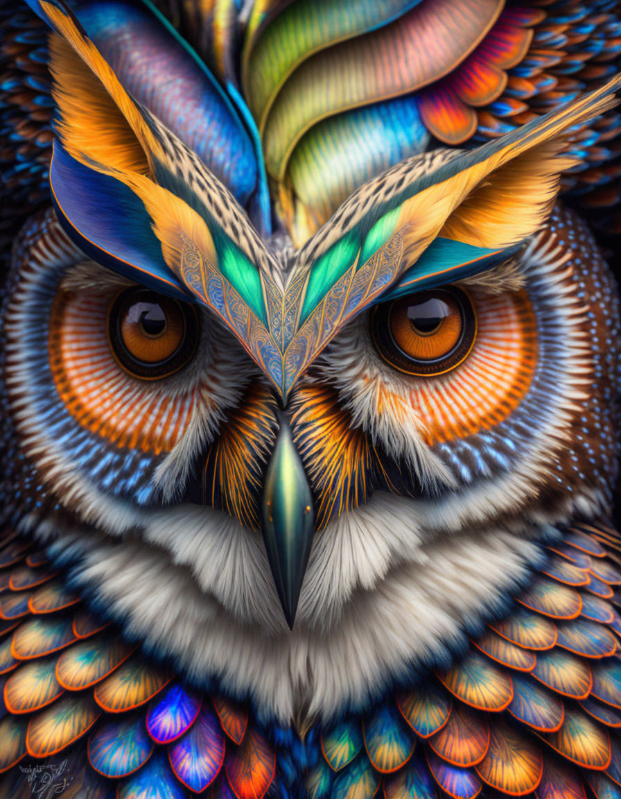 Colorful Owl Artwork with Intricate Patterns and Orange Eyes