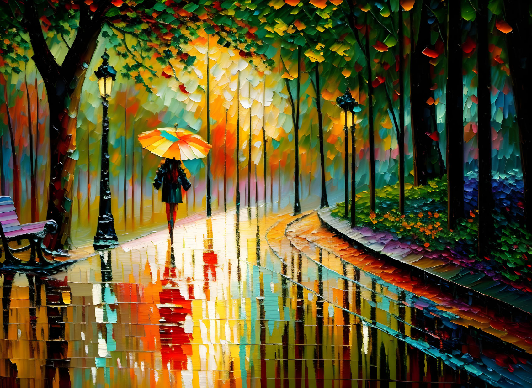 Colorful impressionistic painting: Rainy park path, trees, person with bright umbrella, reflections.