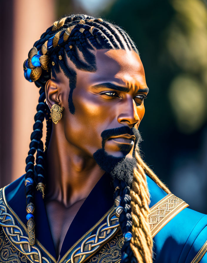 Intricately braided man in blue garment gazes sideways