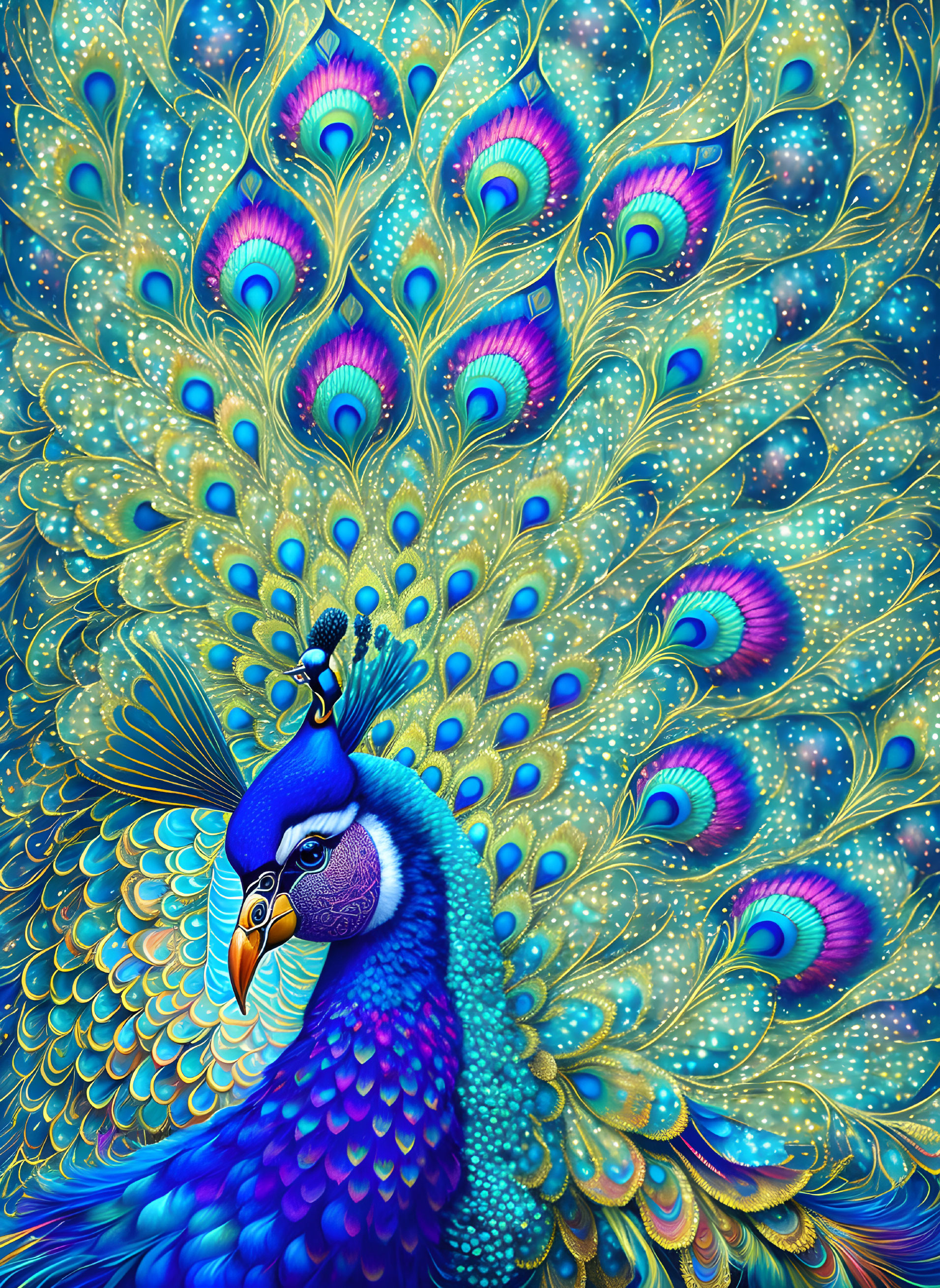 Colorful Peacock Illustration with Luxurious Tail on Blue and Gold Background