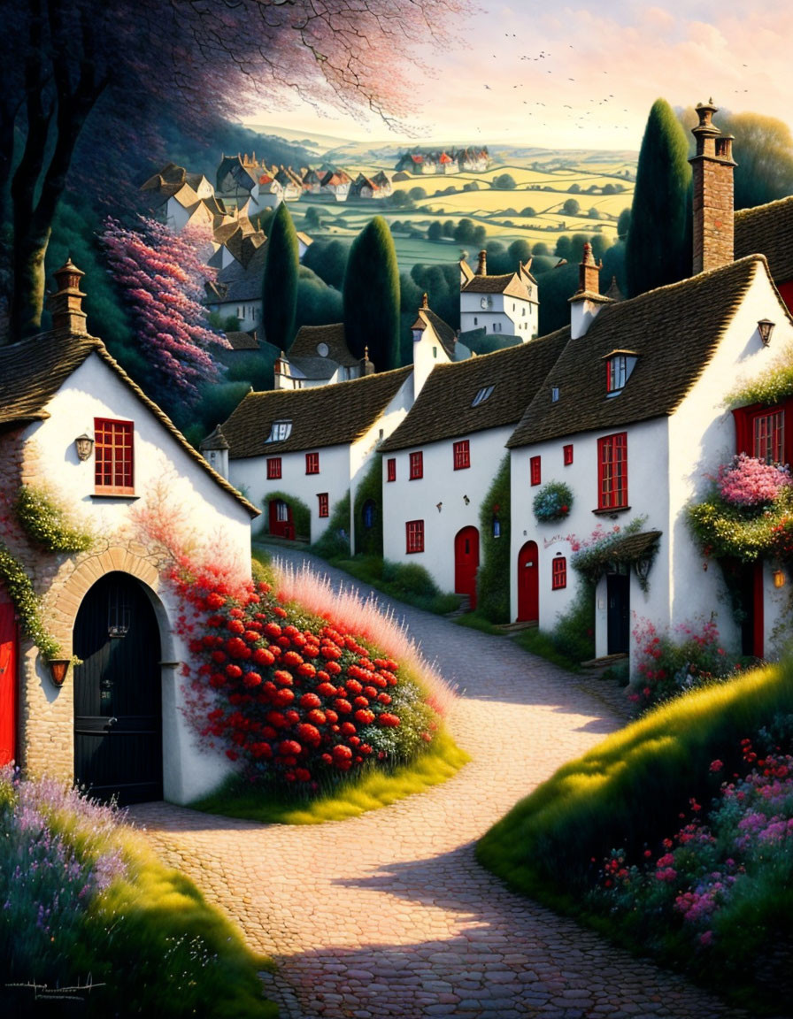 White cottages with colorful flowers in quaint village landscape.