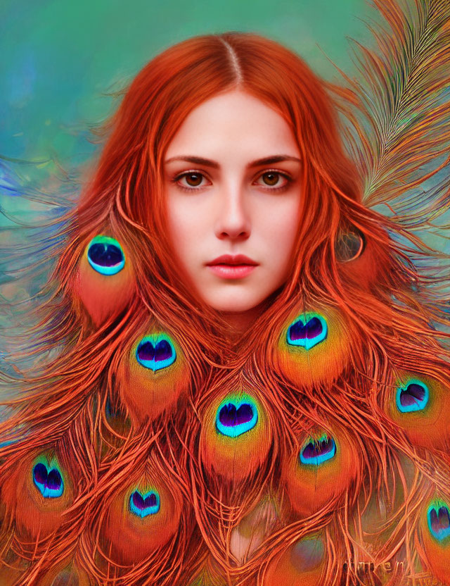 Striking red-haired woman blends with vibrant peacock feathers