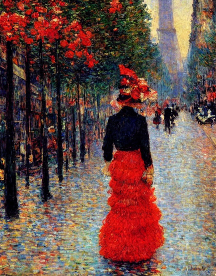 Vivid impressionistic painting of woman in red dress and hat on bustling boulevard