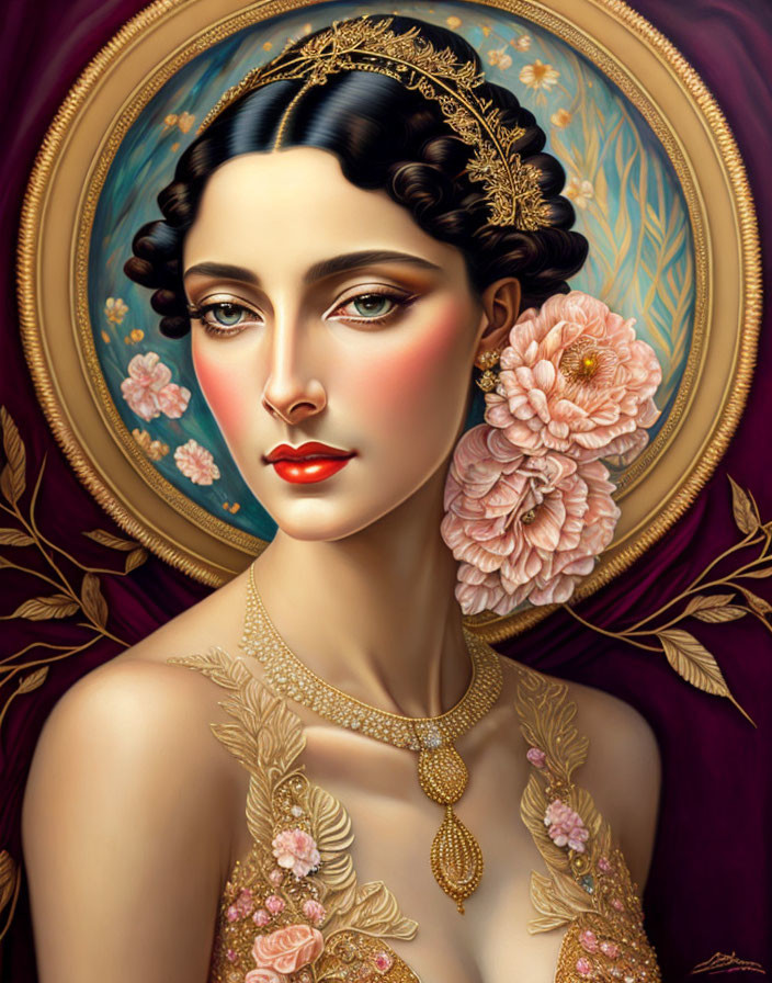 Vintage Style Portrait of Woman with Dark Hair and Floral Motifs