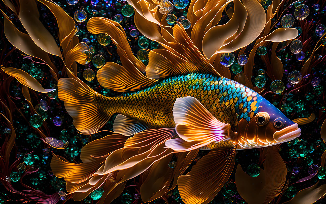 Colorful Fish Swimming Among Sea Plants and Bubbles