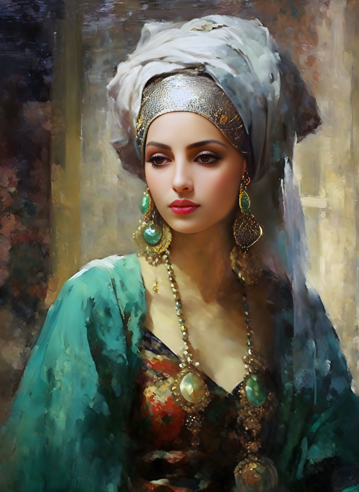 Portrait of a woman in white headscarf, gold jewelry, green robe