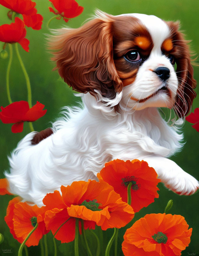 Realistic Brown and White Puppy with Red Poppies in Green Background