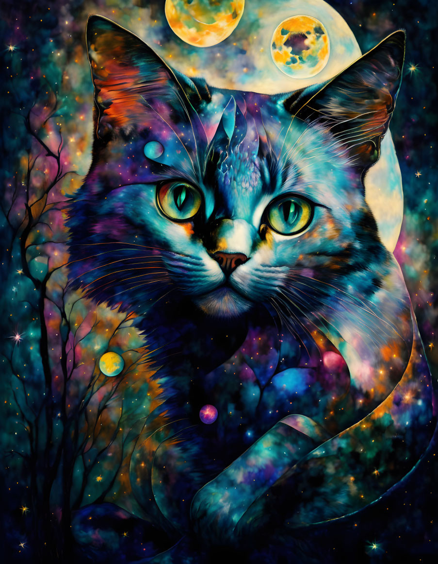 Cosmic-themed cat illustration with space and celestial bodies on fur