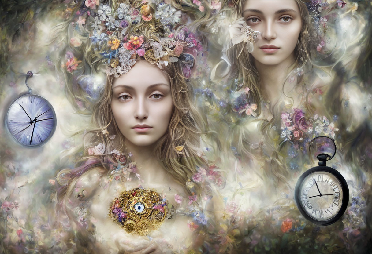 Surreal portrait of woman with floral headpiece and pocket watches