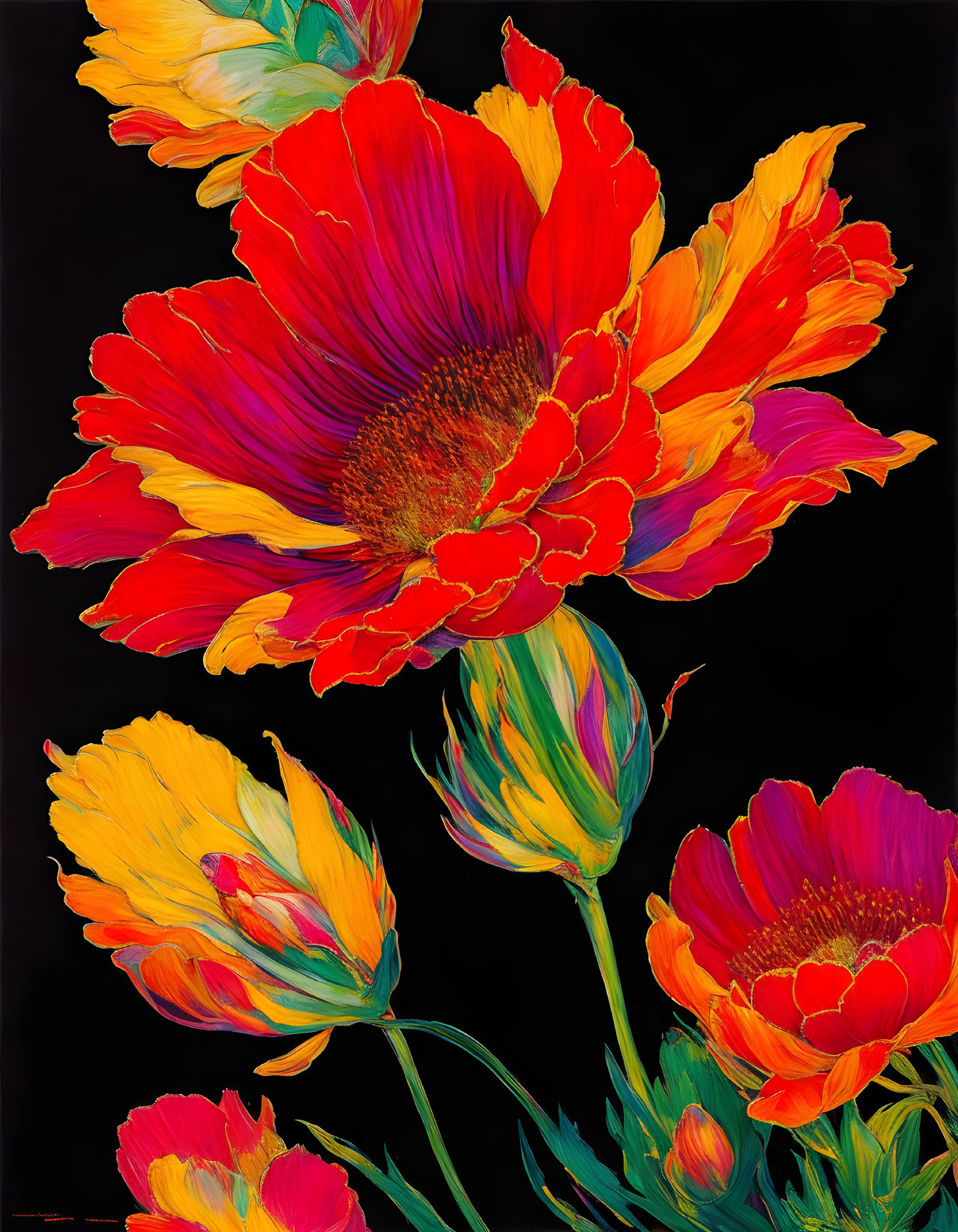 Colorful painting of red and orange poppies with yellow accents on black background