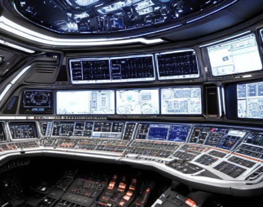 Futuristic spacecraft control panel with screens and illuminated buttons