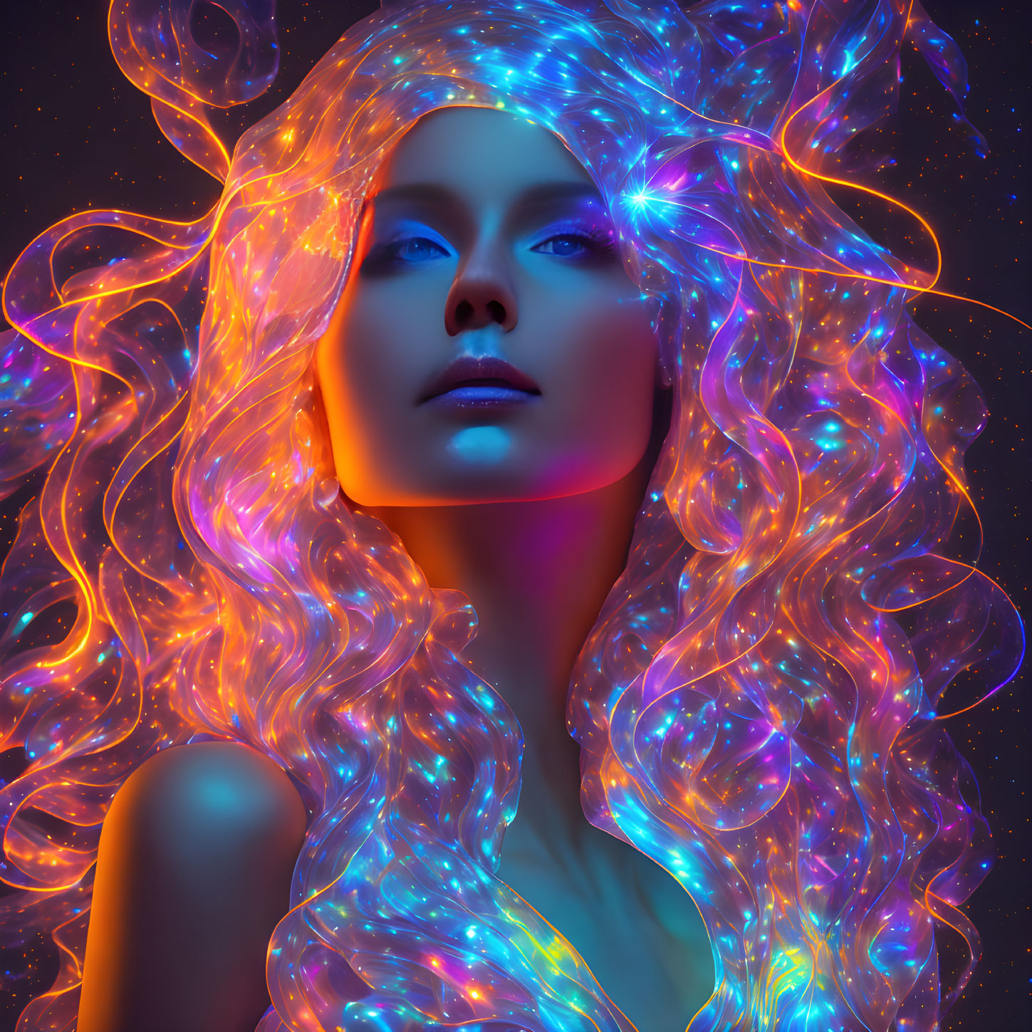 Glowing woman with blue and purple wavy hair on dark background